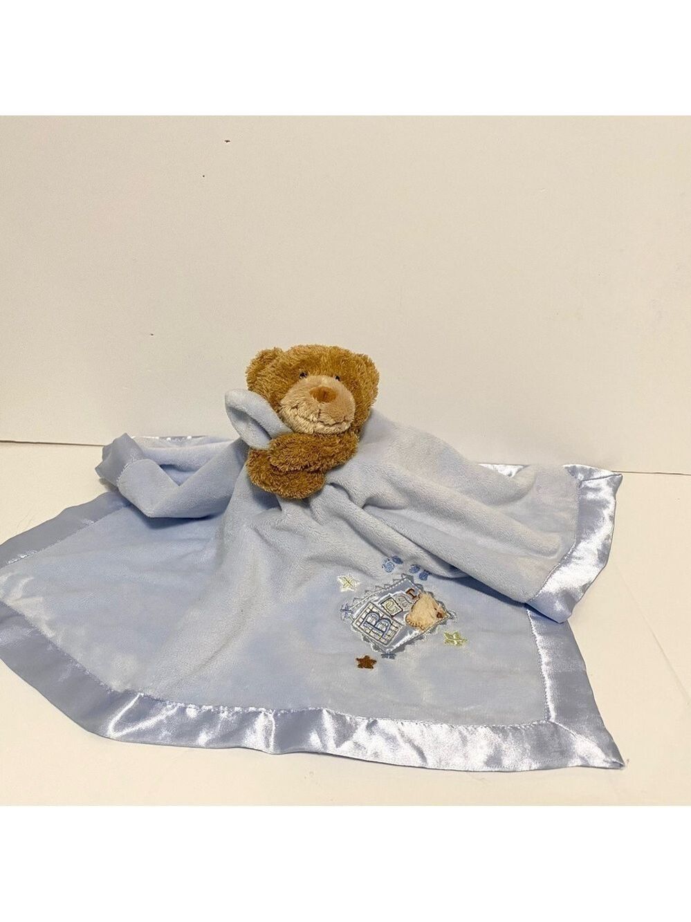 Baby Starters Bear Lovey Brown Teddy Blue Satin Trim Embroidered